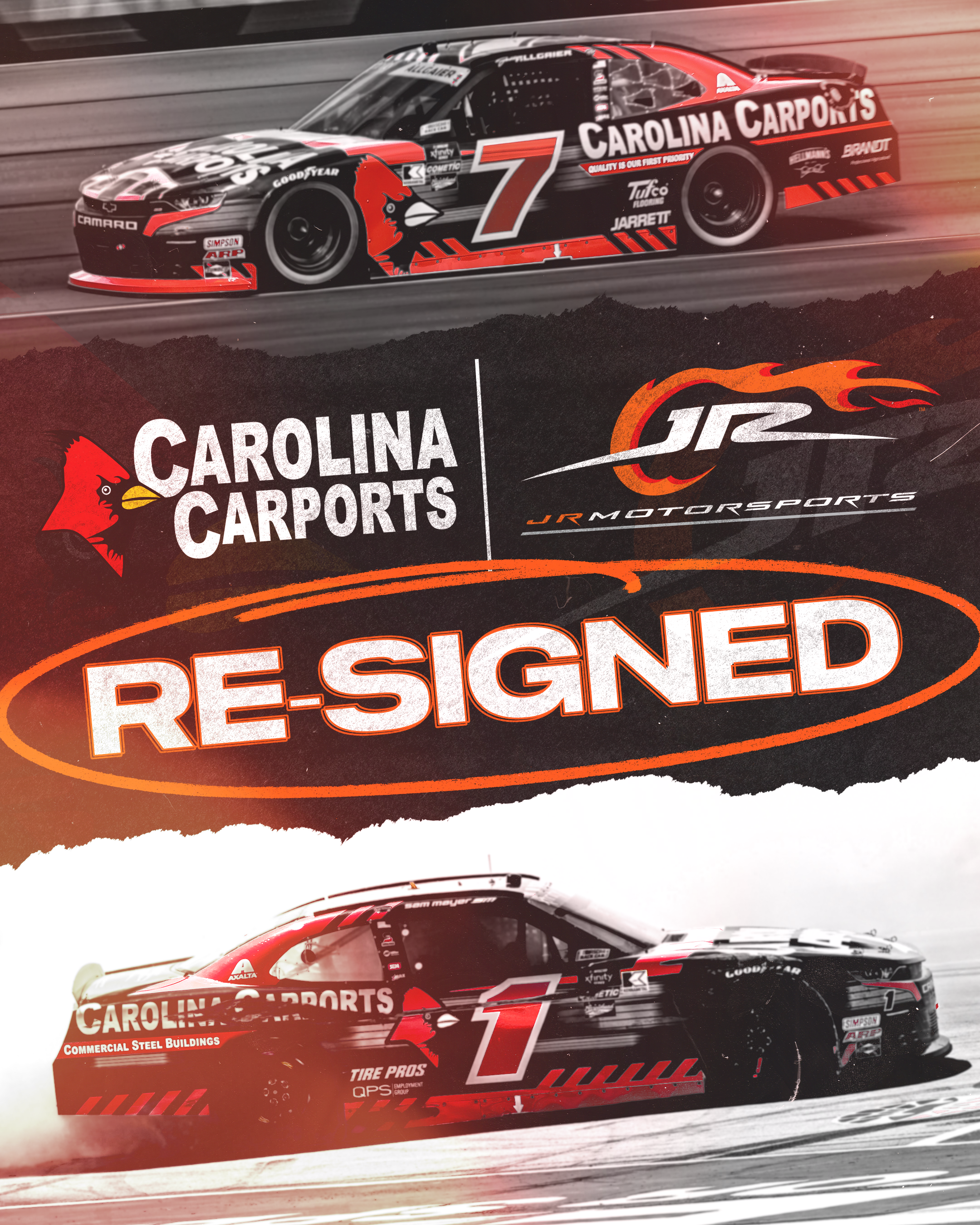 Nascar Xfinity Series race cars driven by Sam Mayer and Justin Allgaier with 'Re-Signed' highlighted to mark the renewed partnership for Carolina Carports and Jr Motorsports